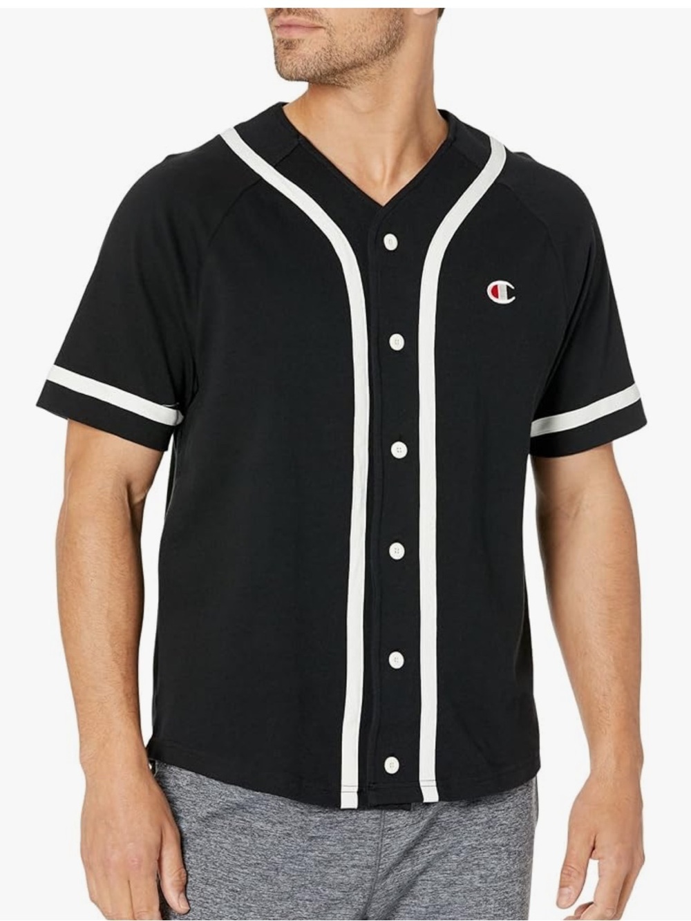 Champion Men's Black Short-Sleeve Baseball Button-Up Shirt with White Piping